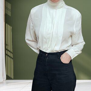 Vintage Cream Sheer Blouse High Neck Pintuck Front Long Sleeve